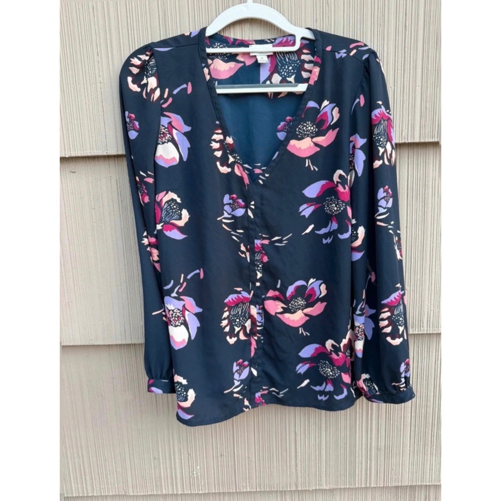 J.Crew Navy Blue Floral V-Neck Button Front Blouse Top Size 6 Long Sleeve
